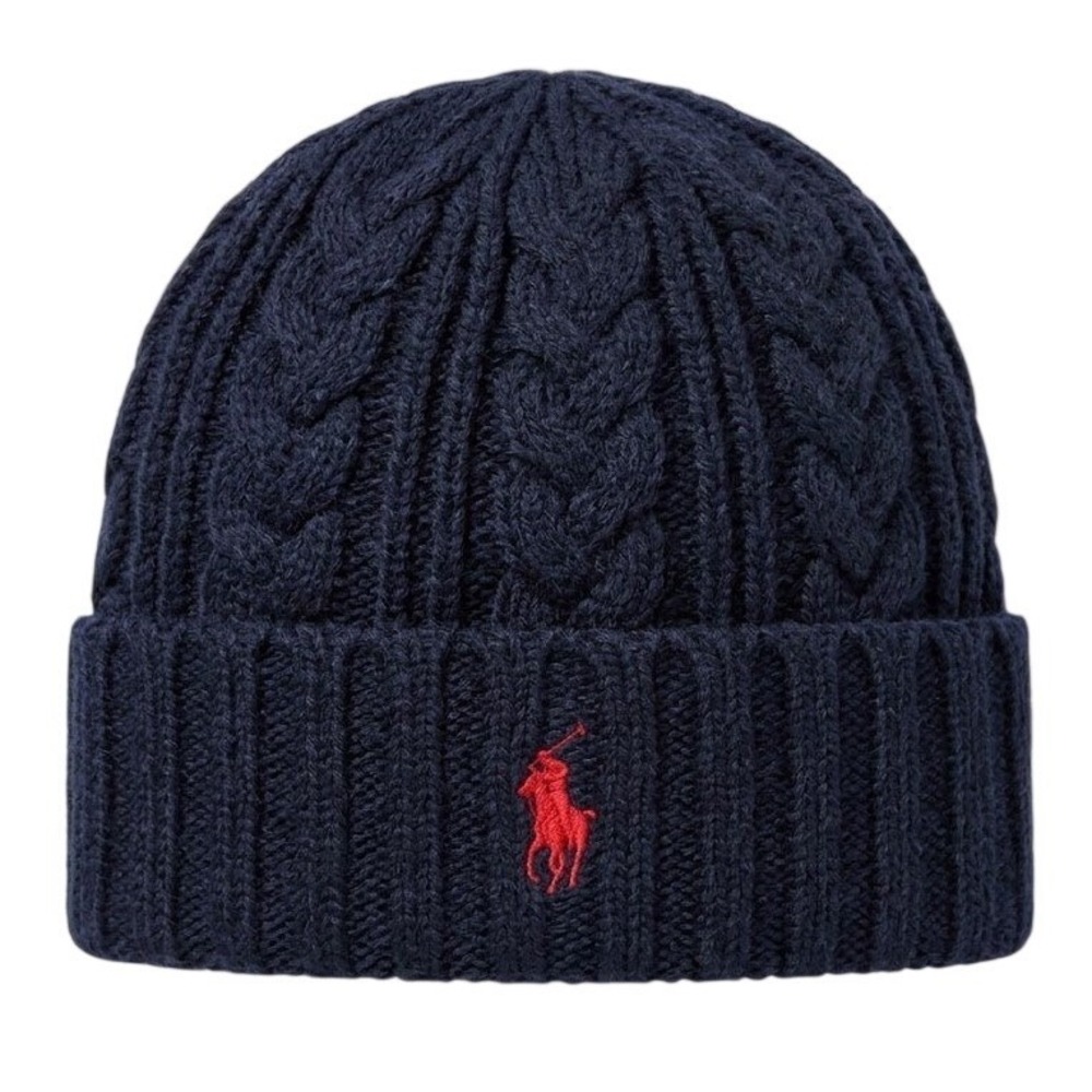 Ralph Lauren Navy Blue Cable Knit Beanie Red Pony Wool Blend Hat One Size - AC